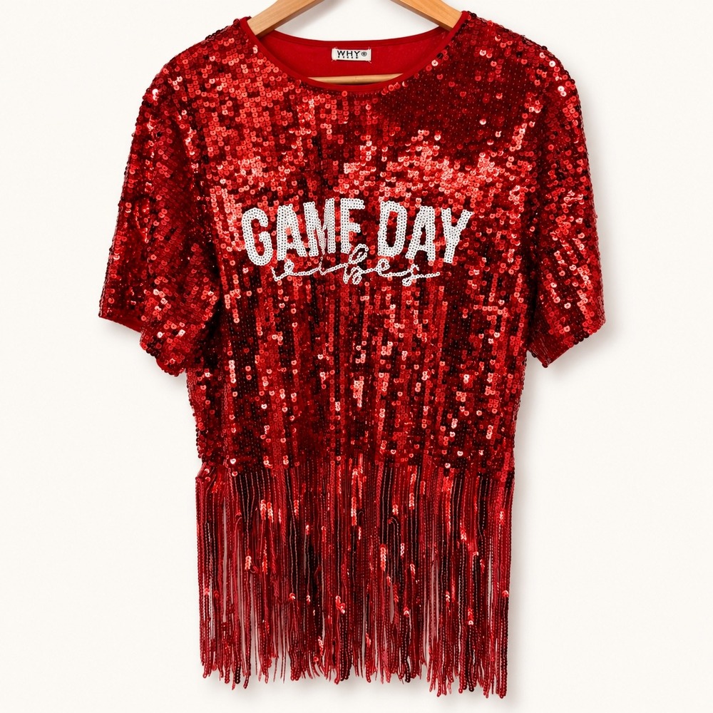 WHY Dress Women XL Shirt‎ Red Sequin Game Day Vibes Fringe Glam Max Team Spirit